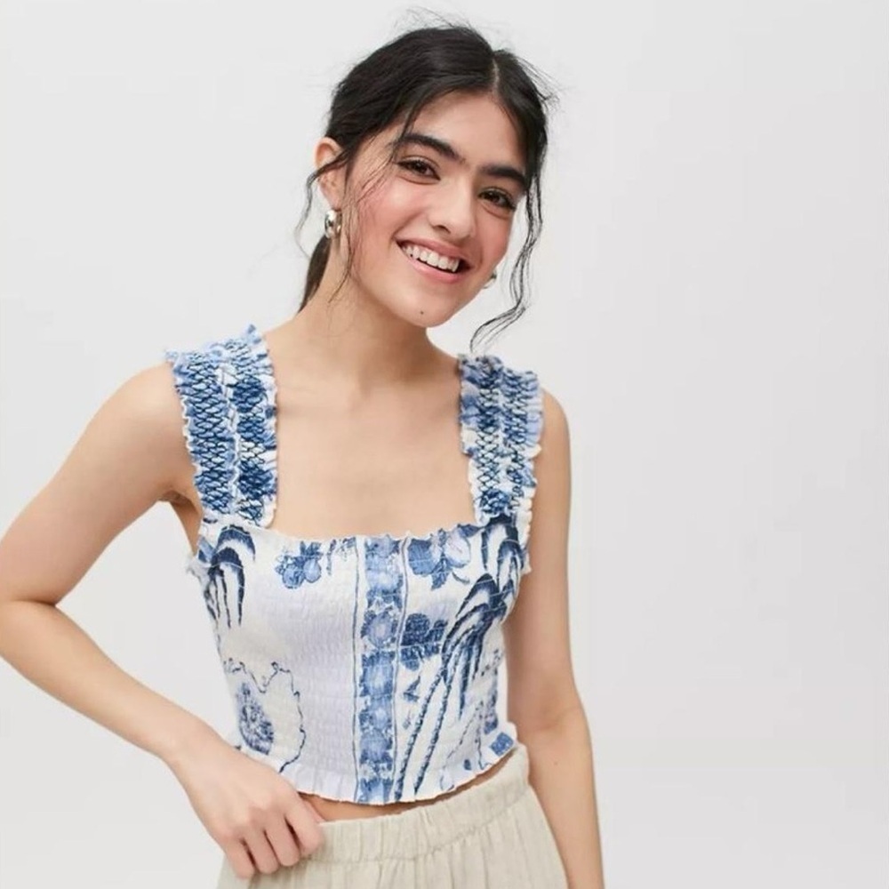 Urban Outfitters Blue and white floral smocked crop tank top